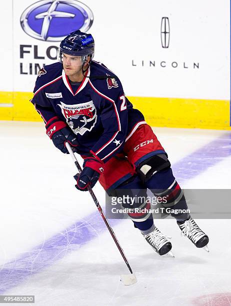 Dustin Jeffrey of the Springfield Falcons warms up before an American Hockey League game against the Providence Bruins at the Dunkin' Donuts Center...