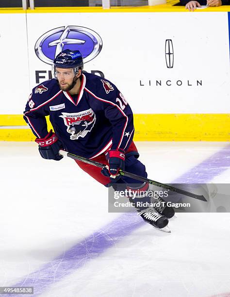 Justin Hache of the Springfield Falcons warms up before an American Hockey League game against the Providence Bruins at the Dunkin' Donuts Center on...