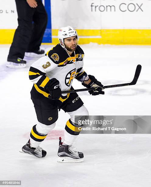Tommy Cross of the Providence Bruins skates against the Springfield Falcons during an American Hockey League game at the Dunkin' Donuts Center on...