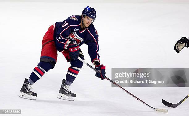 Dustin Jeffrey of the Springfield Falcons skates against the Providence Bruins during an American Hockey League game at the Dunkin' Donuts Center on...
