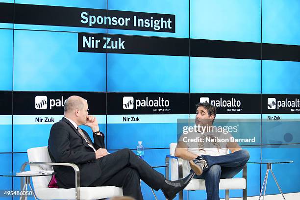 President & CEO of The New York Times Company Mark Thompson participates in a panel discussion with CTO of Palo Alto Networks Nir Zuk at the New York...