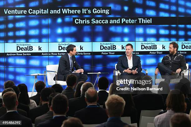 New York Times financial columnist Andrew Ross Sorkin, partner at Founders Fund Peter Thiel, and founder and chairman at Lowercase Capital Chris...