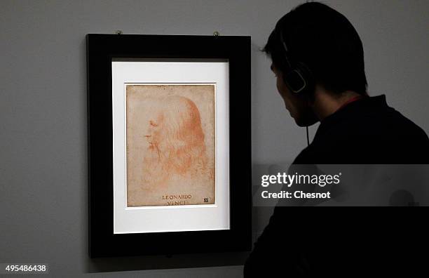 Visitor looks at a portrait of Leonardo da Vinci during the exhibition "Leonardo da Vinci, il Genio - The secrets of the Codex Atlanticus unveiled"...