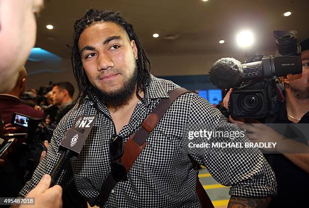 All Blacks Ma'a Nonu arrives back home with the Rugby World Cup trophy at the Auckland Airport in Auckland on November 04, 2015. The New Zeland All...