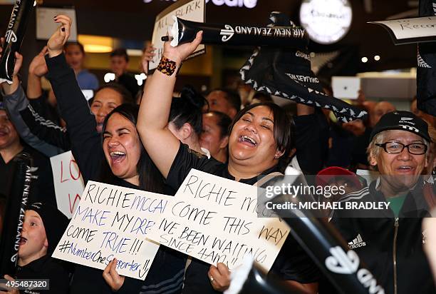 All Blacks fans welcome home the team after they arrived back home with the Rugby World Cup trophy at the Auckland Airport in Auckland on November...