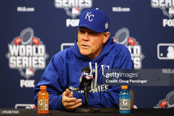 Manager Ned Yost of the Kansas City Royals speaks to the media during a press conference before Game Four of the 2015 World Series between the Kansas...