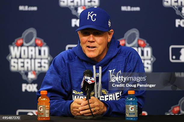 Manager Ned Yost of the Kansas City Royals speaks to the media during a press conference before Game Four of the 2015 World Series between the Kansas...