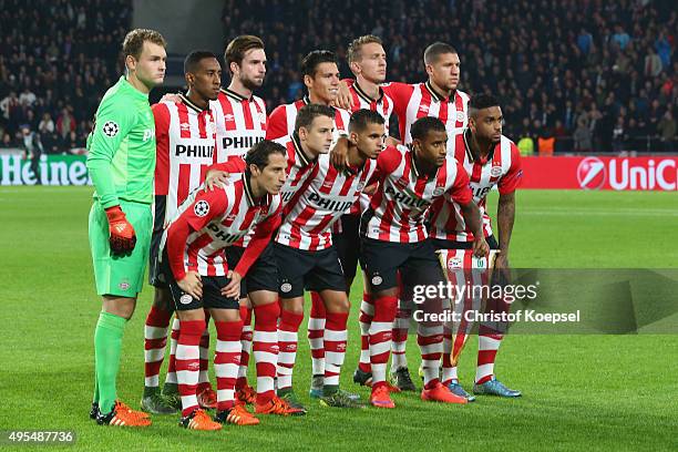 The team of Eindhoven comes together prior to the UEFA Champions League Group B match between PSV Eindhoven and VfL Wolfsburg at Philips Stadion on...