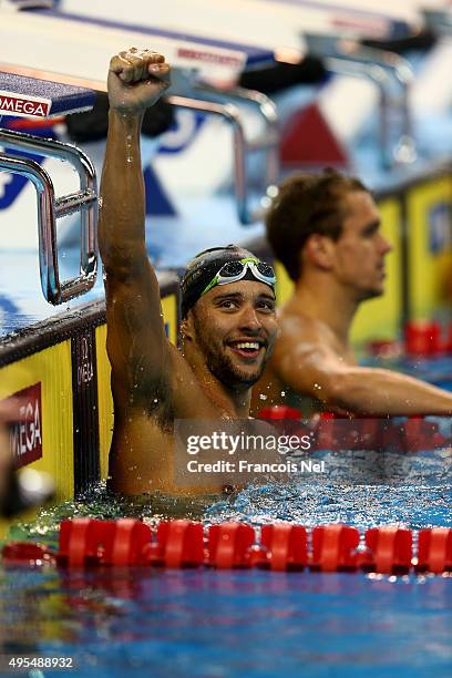 Chad Le Clos of South Africa celebrates after winning the Men's 100m Butterfly final during day two of the FINA World Swimming Cup 2015 at the Hamad...