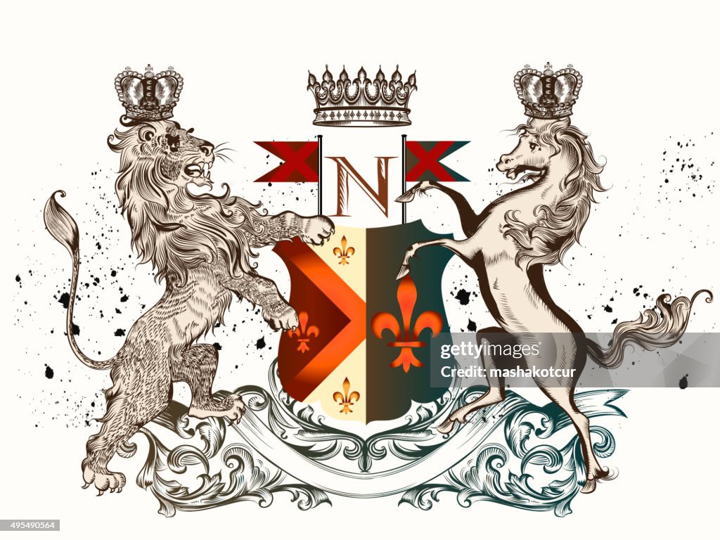 Vector heraldic illustration in vintage style with shield, lion,