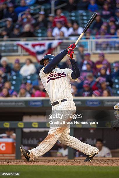 Miguel Sano of the Minnesota Twins bats against the Kansas City Royals on October 3, 2015 at Target Field in Minneapolis, Minnesota. The Royals...