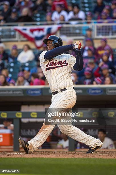 Miguel Sano of the Minnesota Twins bats against the Kansas City Royals on October 3, 2015 at Target Field in Minneapolis, Minnesota. The Royals...