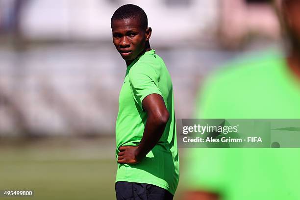 Victor Osimhen looks on during a Nigeria training session during the FIFA U-17 World Cup Chile 2015 at Estadio Municipal on November 3, 2015 in...