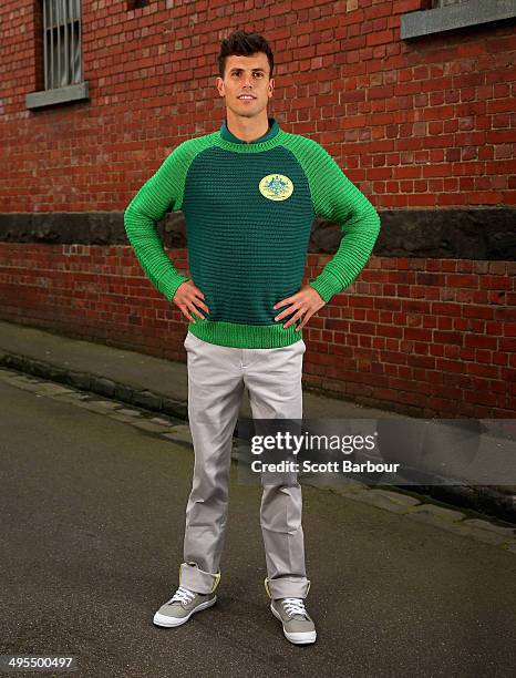 Australian athlete Jeff Riseley poses during the 2014 Australian Commonwealth Games Team Formal Uniform Unveiling at Glasgow Street Collingwood on...