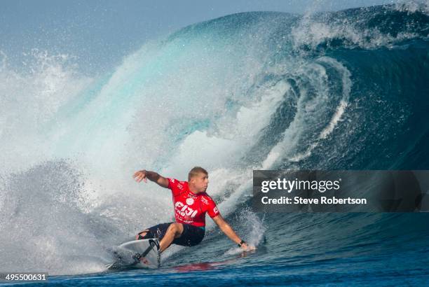 Mick Fanning of Australia defeated Alejo Muniz of Brazil in round 3 of the Fiji Pro Surfing on June 4, 2014 in Tavarua, Fiji.