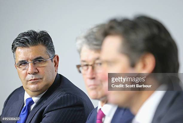 Andrew Demetriou, AFL Commission Chairman Mike Fitzpatrick and AFL CEO-elect Gillon McLachlan speak to the media during an AFL press conference at...