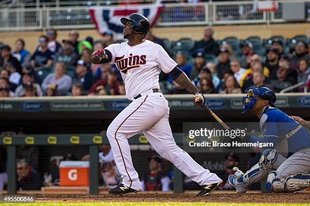 Miguel Sano of the Minnesota Twins bats against the Kansas City Royals on October 4, 2015 at Target Field in Minneapolis, Minnesota. The Royals...
