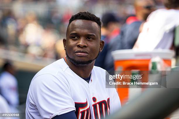 Miguel Sano of the Minnesota Twins looks on against the Kansas City Royals on October 4, 2015 at Target Field in Minneapolis, Minnesota. The Royals...