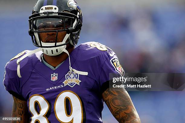 Wide receiver Steve Smith of the Baltimore Ravens looks on prior to a game against the San Diego Chargers at M&T Bank Stadium on November 1, 2015 in...