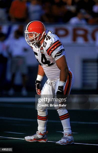 Chris Spielman of the Cleveland Browns gets ready to move during the Hall of Fame game against the Dallas Cowboys at the Fawcett Stadium in Canton,...