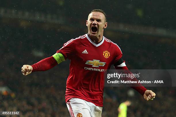 Wayne Rooney of Manchester United celebrates after scoring a goal to make it 1-0 during the UEFA Champions League match on November 3, 2015 in...