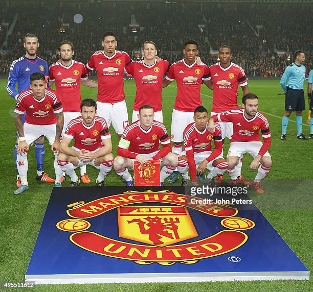 The Manchester United team lines up ahead of the UEFA Champions League match between Manchester United and CSKA Moscow at Old Trafford on November 3,...