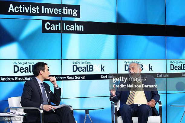 New York Times financial columnist Andrew Ross Sorkin participates in a panel discussion with chairman of Icahn Enterprises Carl Icahn at the New...