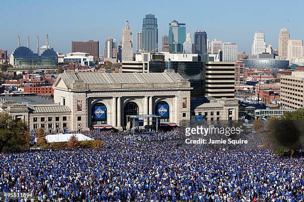 General view of crowds gathered in front of Union Station as the Kansas City Royals players hold a rally and celebration following a parade in honor...