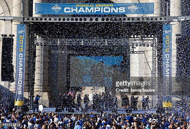 The Kansas City Royals celebrate at a rally following a parade in honor of their World Series win on November 3, 2015 in Kansas City, Missouri.