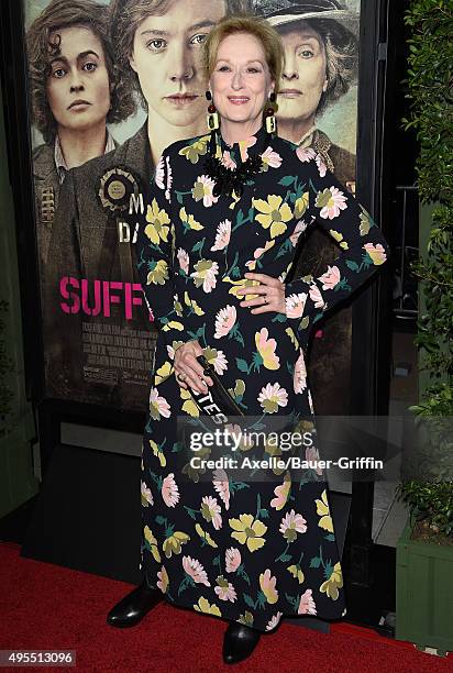 Actress Meryl Streep arrives at the Los Angeles Premiere Of Focus Features' 'Suffragette' at Samuel Goldwyn Theater on October 20, 2015 in Beverly...