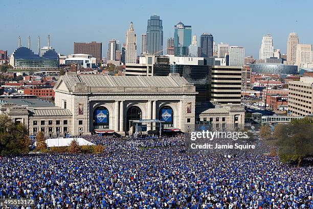 General view of crowds gathered in front of Union Station as the Kansas City Royals players hold a rally and celebration following a parade in honor...