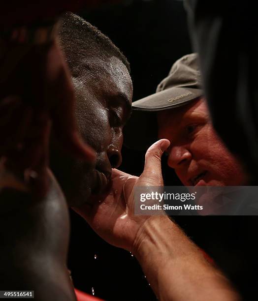 Michael Sprott gets instructions from his trainer during the 'SUPER 8: Last Man Standing' bout between Michael Sprott and Martin Rogan at The Trusts...