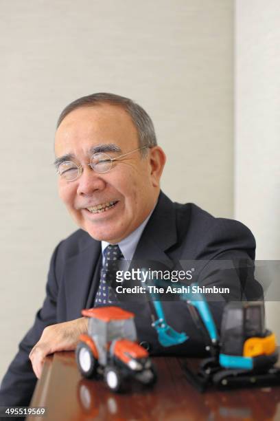 Japanese agriculture tractor and heavy equipment manufacturer Kubota Chairman and President Yasuo Masumoto speaks during the Asahi Shimbun interview...