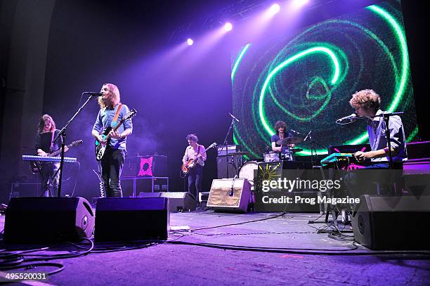 Nick Allbrook, Kevin Parker, Dominic Simper, Julien Barbagallo and Jay Watson of Australian psychedelic rock band Tame Impala performing live...