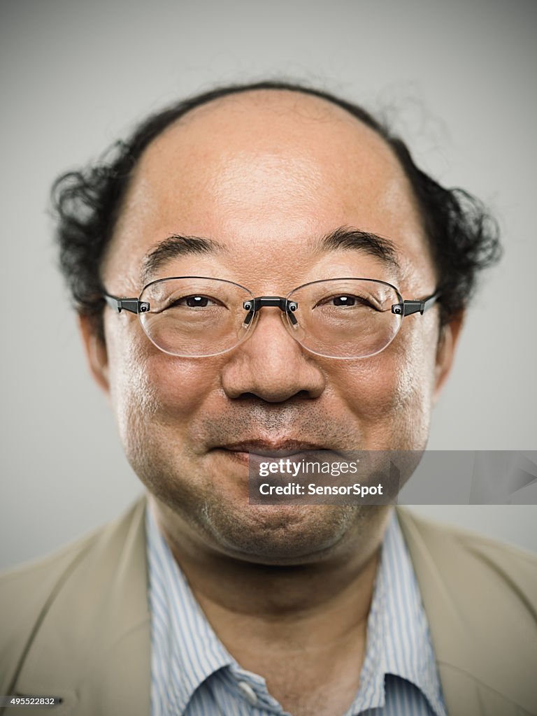 Portrait of a real happy japanese man with black hair.