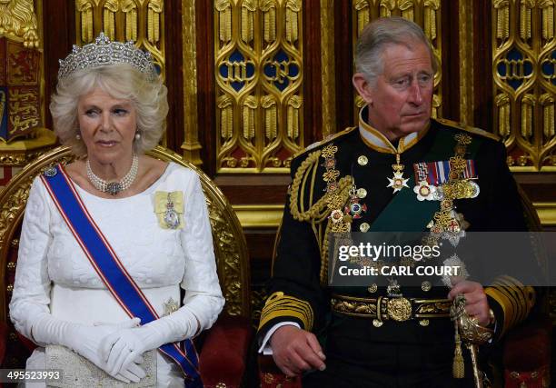 Britain's Prince Charles, Prince of Wales and Camilla, Duchess of Cornwall listen as Britain's Queen Elizabeth II delivers the Queen's Speech from...