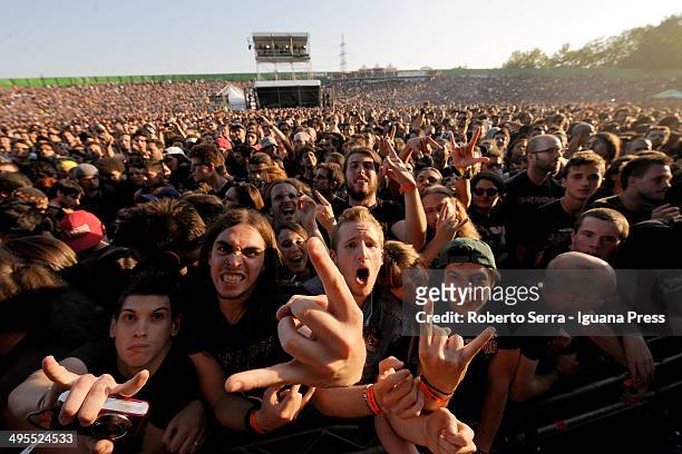 Fans of Iron Maiden at Joe Strummer Arena for Rock In Idro Festival on June 1, 2014 in Bologna, Italy.
