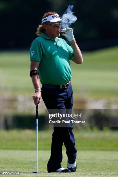 Miguel Angel Jimenez of Spain smokes a cigar during the Lyoness Open preview day at the Diamond Country Club on June 4, 2014 in Atzenbrugg, Austria.