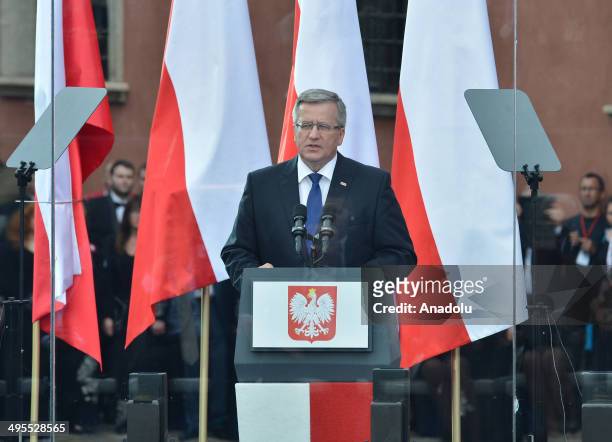 Polands President Bronislaw Komorowski makes his speech during the Polands celebration marking the 25th anniversary of the end of communism in front...