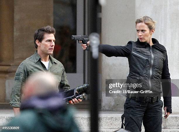 Tom Cruise and Emily Blunt are seen on the film set of the movie 'All You Need Is Kill' on February 02, 2013 in London, United Kingdom.