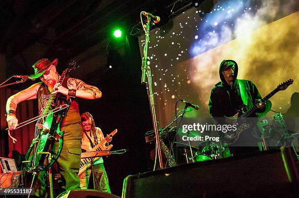 Mr Dibs, Tim Blake and Dave Brock of English psych rock group Hawkwind performing live on stage at the Hard Rock Hell Prog festival in Rotherham, on...