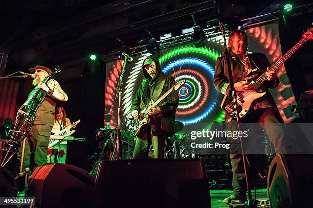 Mr Dibs, Tim Blake, Dave Brock and Niall Hone of English psych rock group Hawkwind performing live on stage at the Hard Rock Hell Prog festival in...