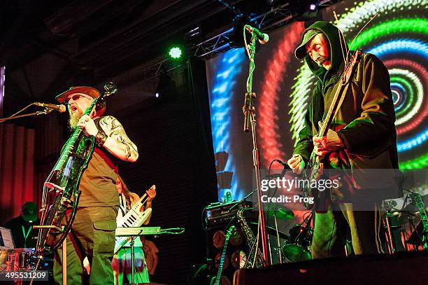 Cellist Mr Dibs and guitarist Dave Brock of English psych rock group Hawkwind performing live on stage at the Hard Rock Hell Prog festival in...