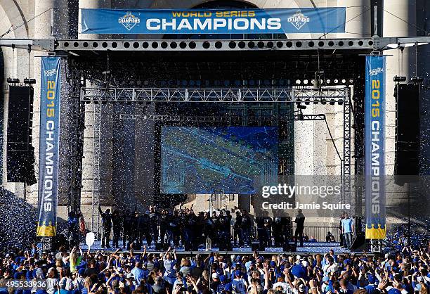 Kansas City Royals players hold a rally and celebration following a parade in honor of their World Series win on November 3, 2015 in Kansas City,...