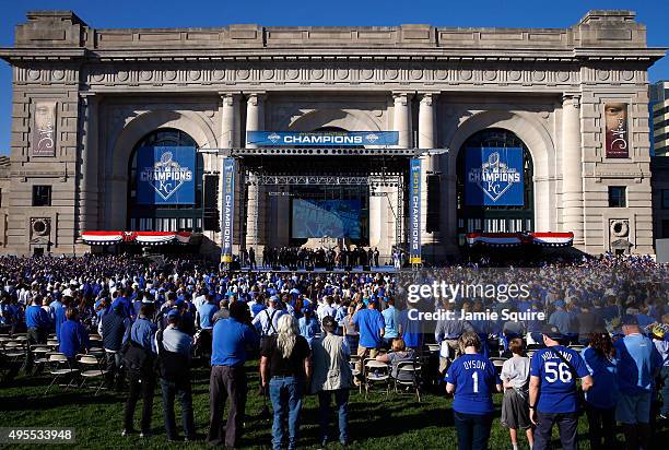 Kansas City Royals players hold a rally and celebration following a parade in honor of their World Series win on November 3, 2015 in Kansas City,...
