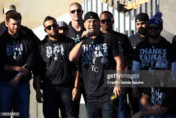 Jeremy Guthriw of the Kansas City Royals rallys the crowd during a parade and celebration in honor of the Kansas City Royals' World Series win on...