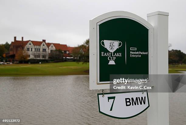 General view of the seventh tee marker overlooking the clubhouse during day 2 of the 2015 East Lake Cup at East Lake Golf Club on November 3, 2015 in...