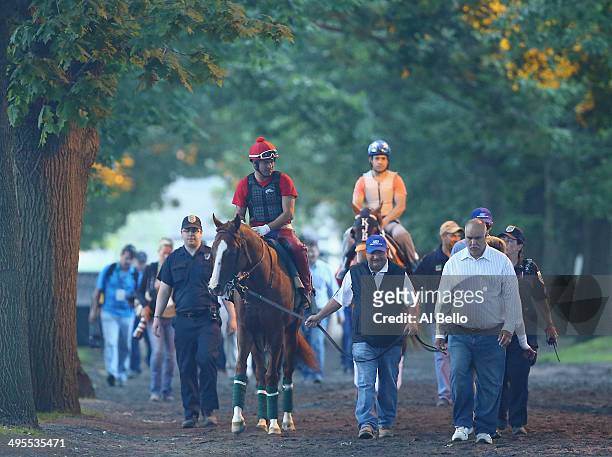 Kentucky Derby and Preakness winner California Chrome, with exercise rider Willie Delgado up and lead by assistant trainer Alan Sherman heads to the...