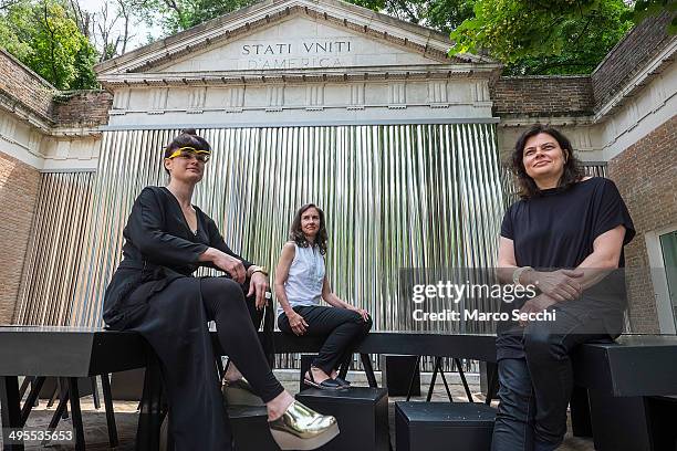 Eva Franch i Gilabert Ashley Schafer and Ana Miljacki pose in front of the United States pavillion during the press preview of the 2014 Venice...