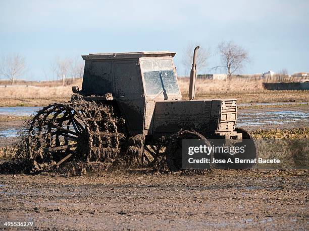 Tractor preparing the land to plant the crop of rice on a rice-field.